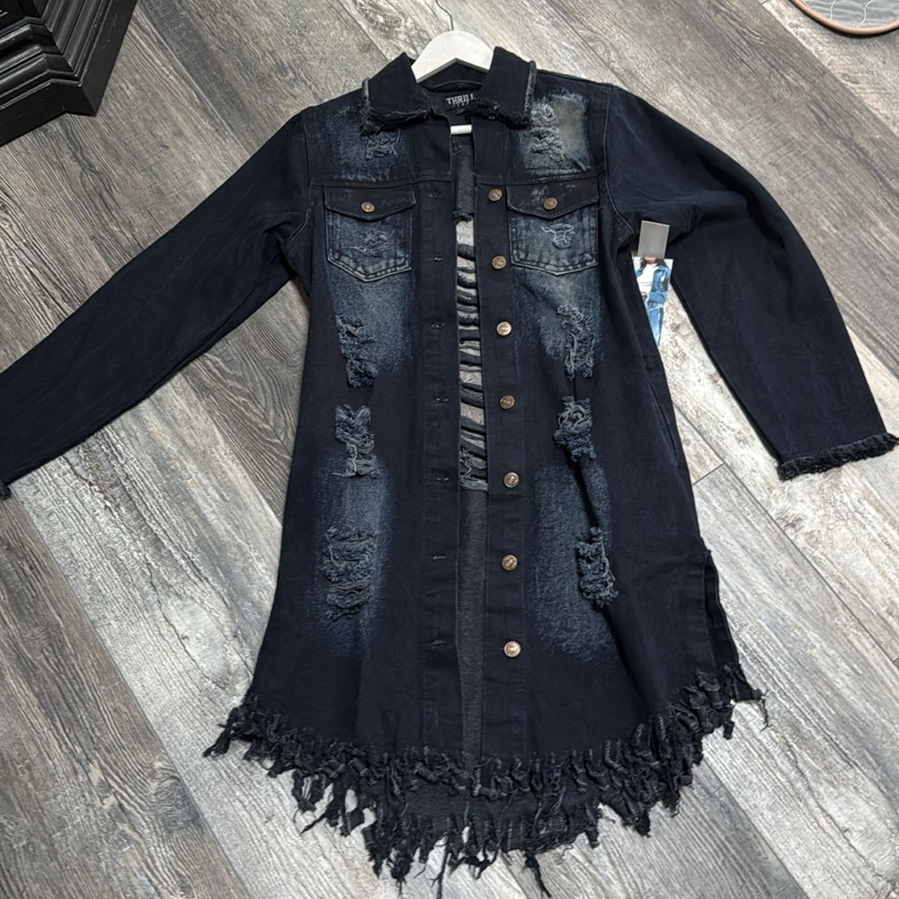 Thrill Blue Jean Jacket Classic Denim Ripped Long Coat NWT